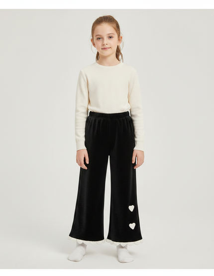 Pantalon Velours Noir Évasé Cœurs Blancs Fille
