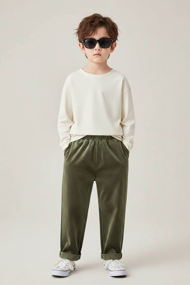 Pantalon Velours Vert Ample Élastique Confortable Garçon - Kaki