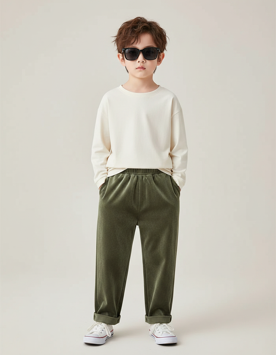 Pantalon Velours Vert Ample Élastique Confortable Garçon - Kaki