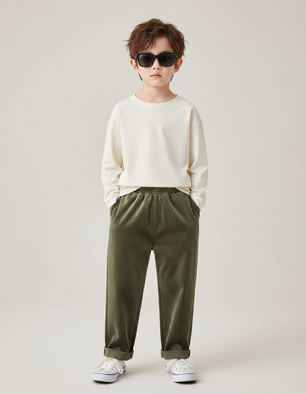 Pantalon Velours Vert Ample Élastique Confortable Garçon - Kaki