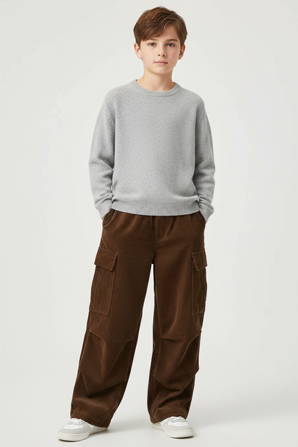 Pantalon Velours Marron Côtelé Cargo Ample Enfant