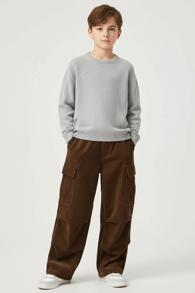 Pantalon Velours Marron Côtelé Cargo Ample Enfant