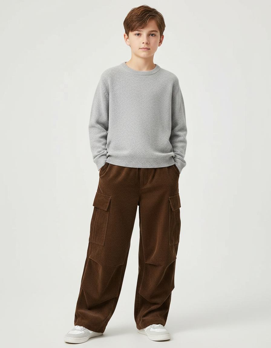 Pantalon Velours Marron Côtelé Cargo Ample Enfant