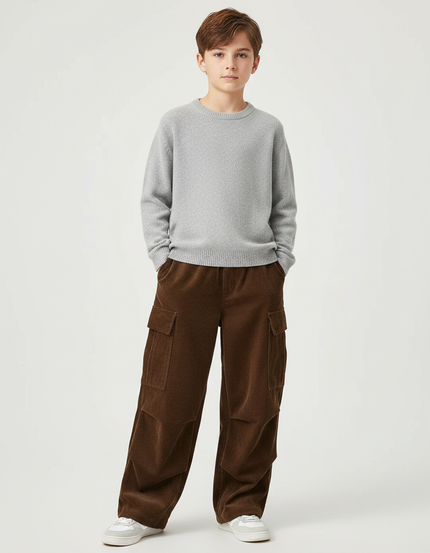 Pantalon Velours Marron Côtelé Cargo Ample Enfant