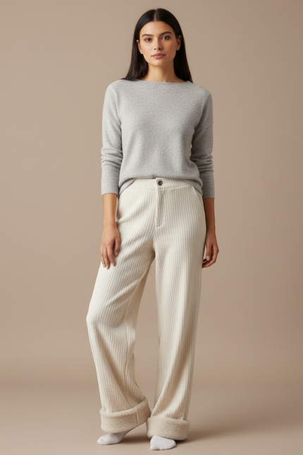 Pantalon Velours Côtelé Écru Ample Doublé Chaud - Beige
