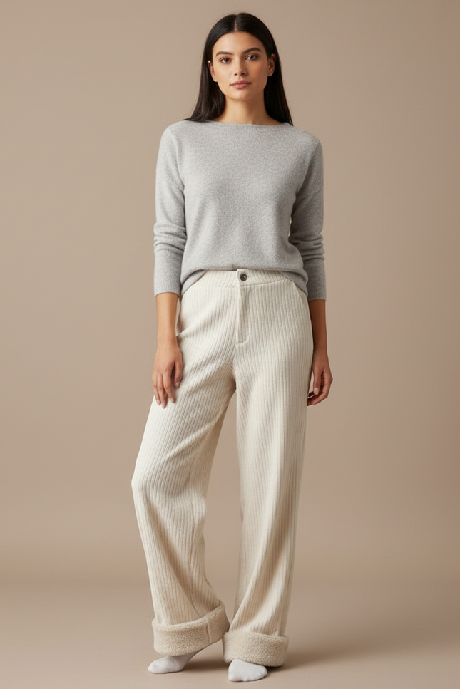 Pantalon Velours Côtelé Écru Ample Doublé Chaud - Beige