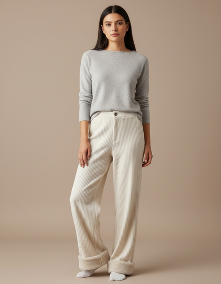 Pantalon Velours Côtelé Écru Ample Doublé Chaud - Beige