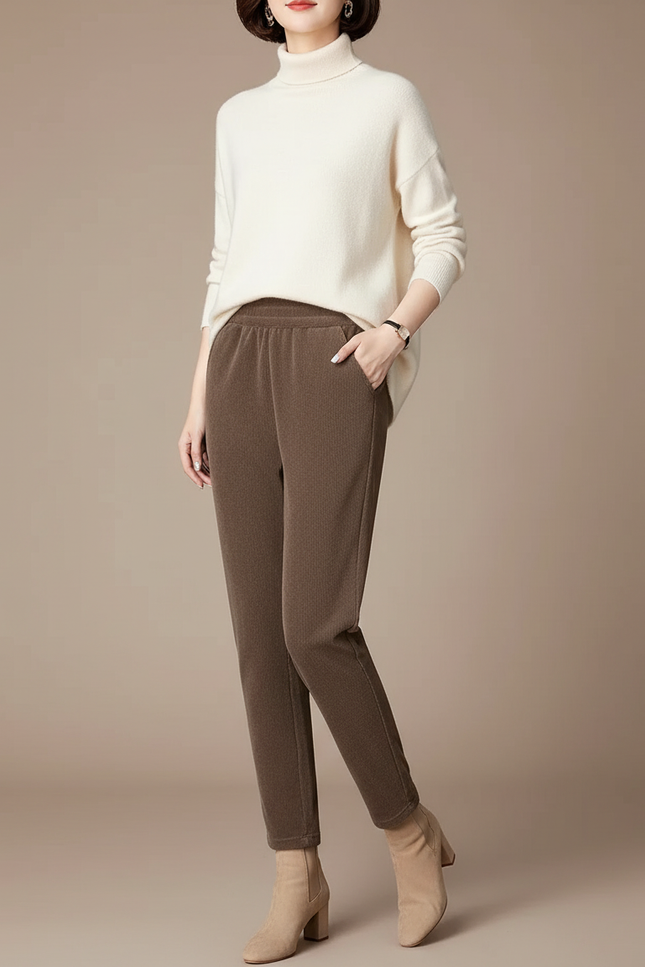 Pantalon Velours Marron Côtelé Droit Ample Femme - Cordé