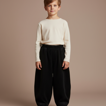 Pantalon Velours Noir Côtelé Ample Enfant Rétro - Cordé