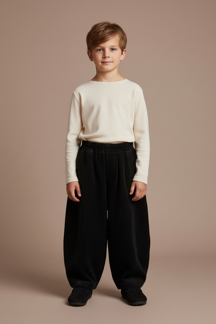Pantalon Velours Noir Côtelé Ample Enfant Rétro - Cordé