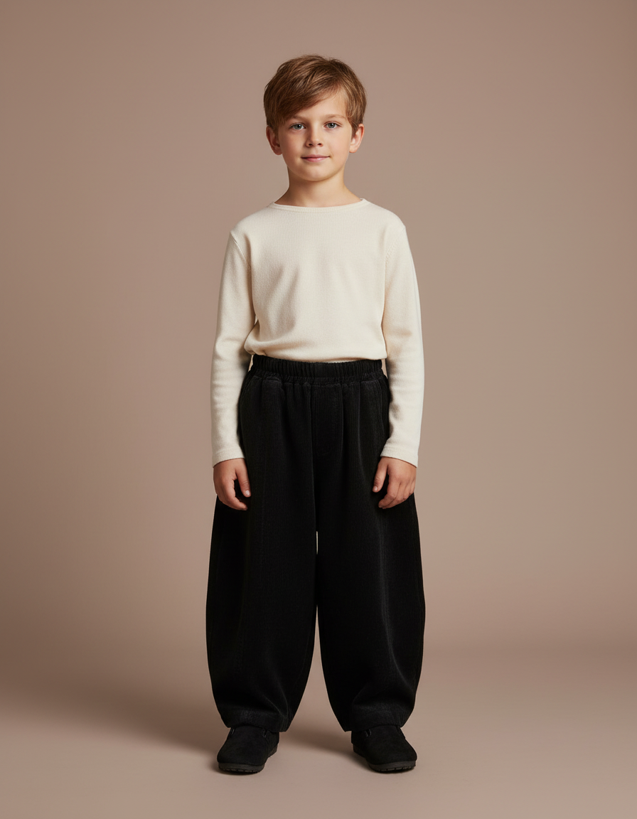 Pantalon Velours Noir Côtelé Ample Enfant Rétro - Cordé