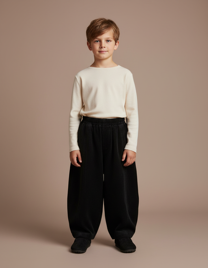 Pantalon Velours Noir Côtelé Ample Enfant Rétro - Cordé