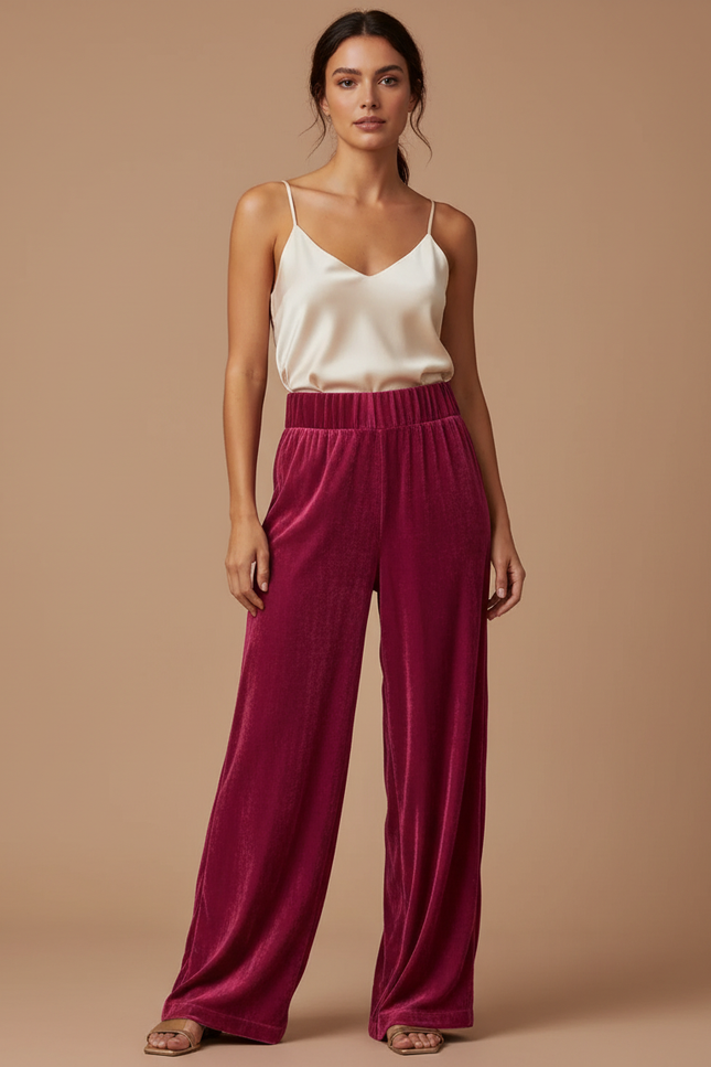 Pantalon Velours Large Fluide Élastique Rouge Femme