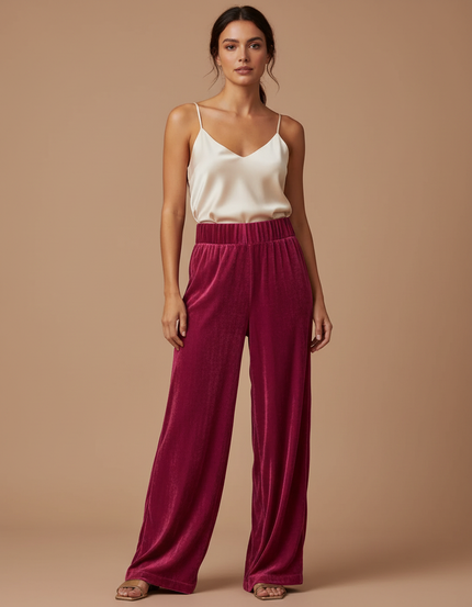 Pantalon Velours Large Fluide Élastique Rouge Femme