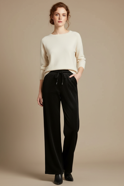 Pantalon Velours Noir Côtelé Ample Confortable Femme - Cordé