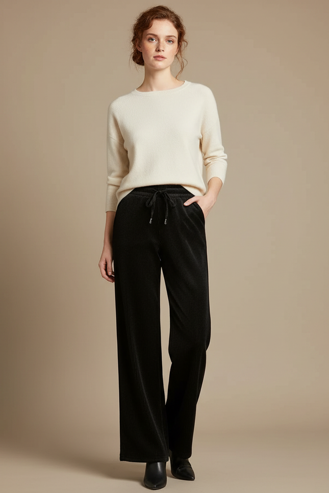 Pantalon Velours Noir Côtelé Ample Confortable Femme - Cordé