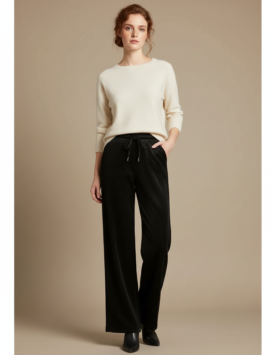 Pantalon Velours Noir Côtelé Ample Confortable Femme - Cordé