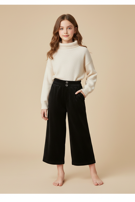 Pantalon Velours Noir Côtelé Ample Enfant Fille - Cordé