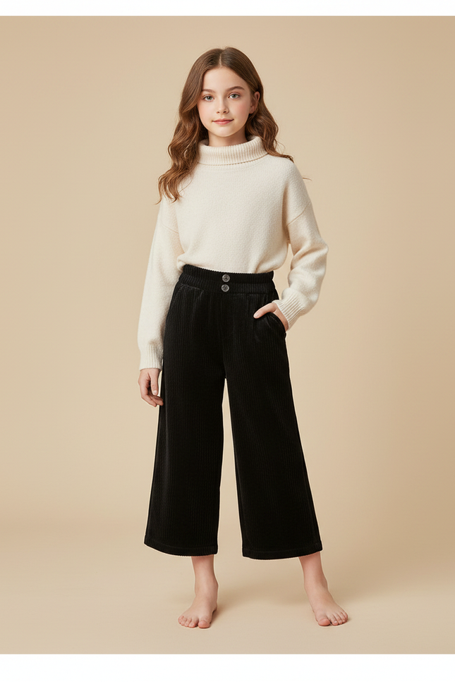 Pantalon Velours Noir Côtelé Ample Enfant Fille - Cordé