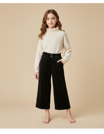 Pantalon Velours Noir Côtelé Ample Enfant Fille - Cordé