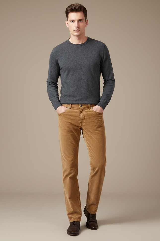 Pantalon Velours Côtelé Marron Coupe Droite Homme Chic - Camel Cordé