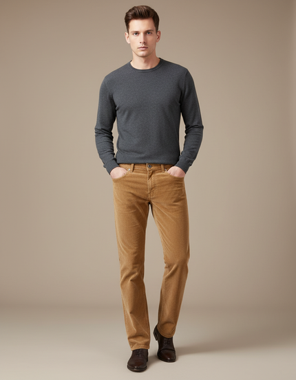 Pantalon Velours Côtelé Marron Coupe Droite Homme Chic - Camel Cordé
