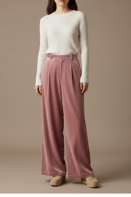 Pantalon Velours Rose Plissé Ample Décontracté Fluide