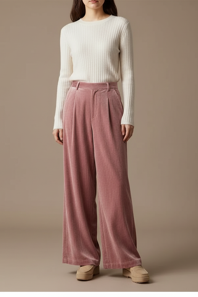 Pantalon Velours Rose Plissé Ample Décontracté Fluide