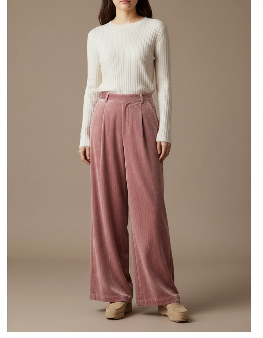 Pantalon Velours Rose Plissé Ample Décontracté Fluide