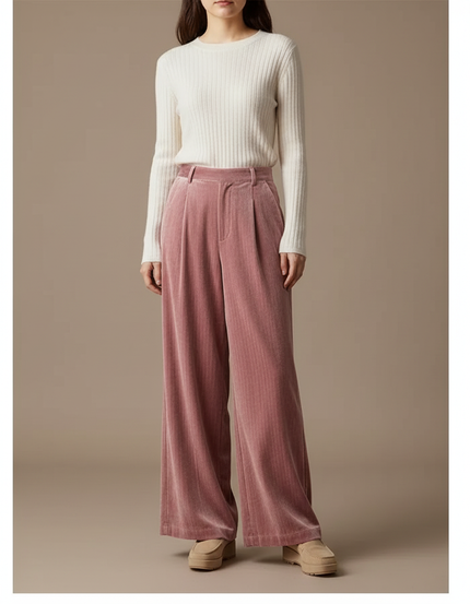 Pantalon Velours Rose Plissé Ample Décontracté Fluide