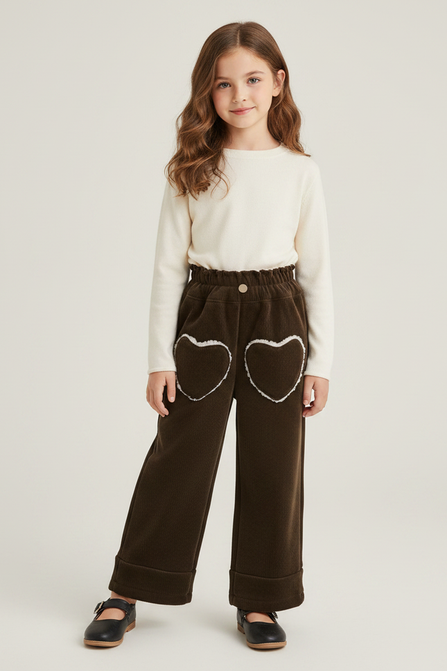 Pantalon Velours Marron Côtelé Cœurs Ample Fille - Cordé