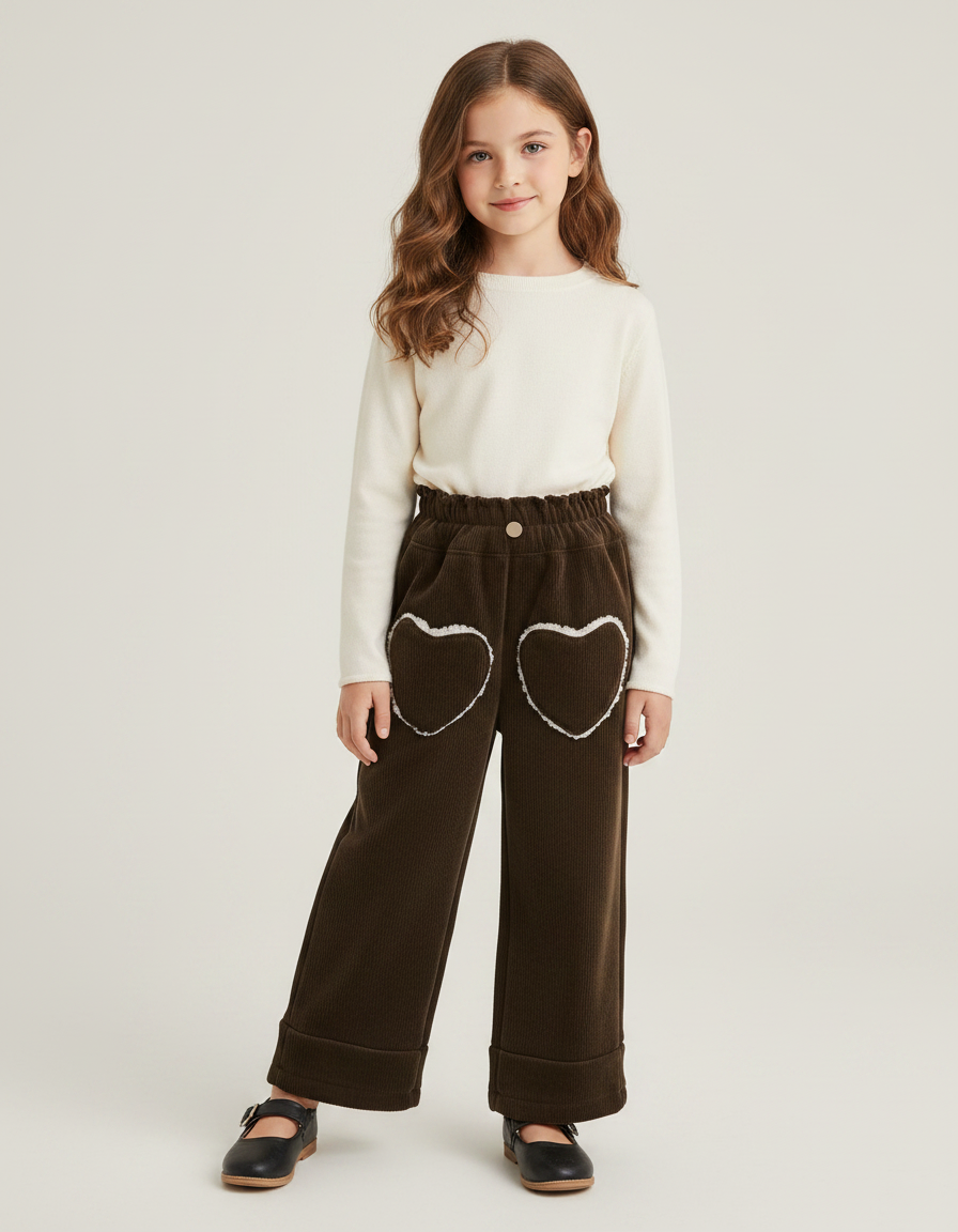 Pantalon Velours Marron Côtelé Cœurs Ample Fille - Cordé