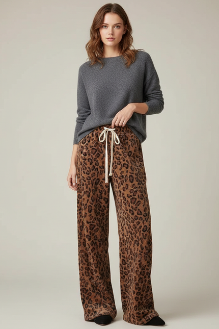 Pantalon Velours Léopard Large Confortable Femme - Imprimé