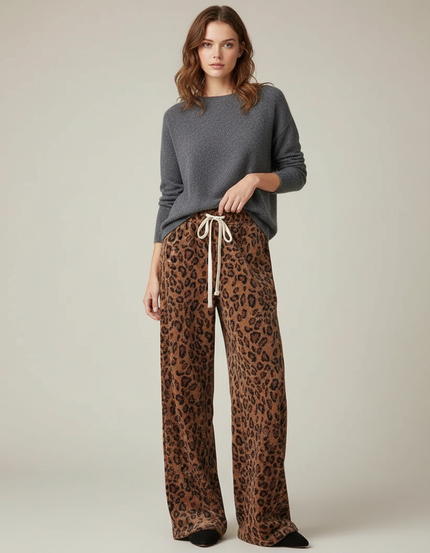 Pantalon Velours Léopard Large Confortable Femme - Imprimé
