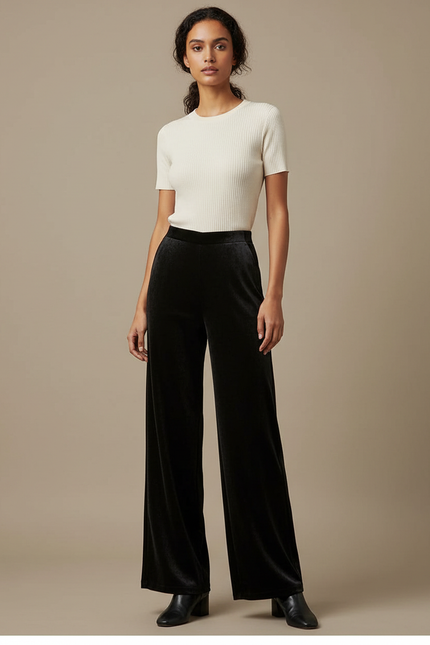 Pantalon Velours Noir Large Fluide Élégant Femme