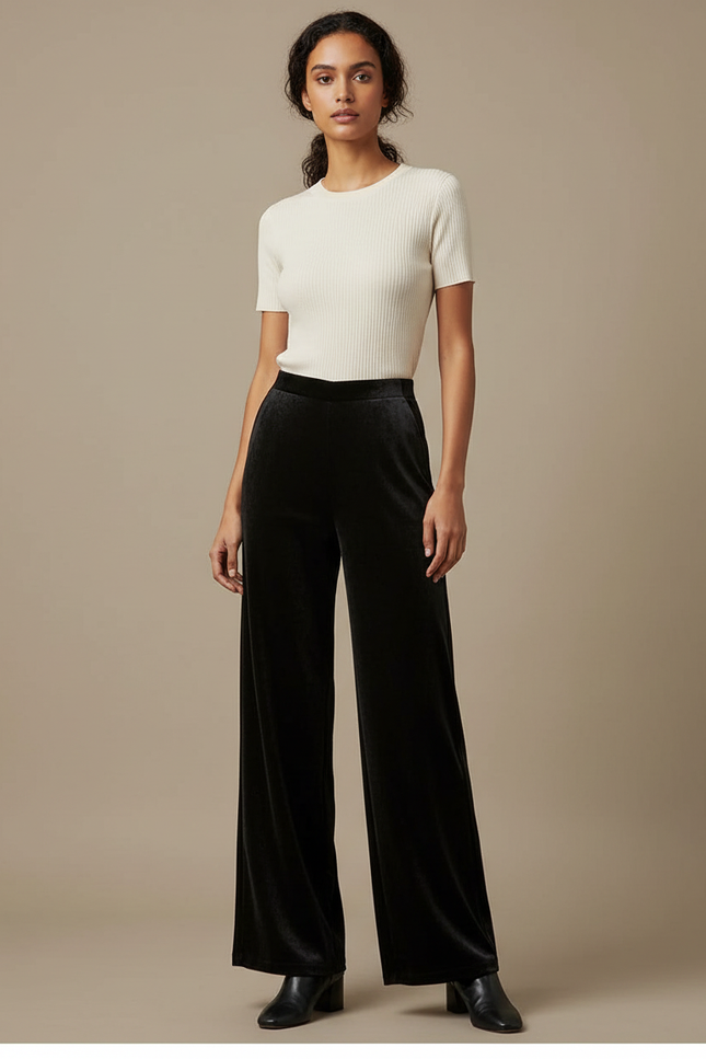 Pantalon Velours Noir Large Fluide Élégant Femme