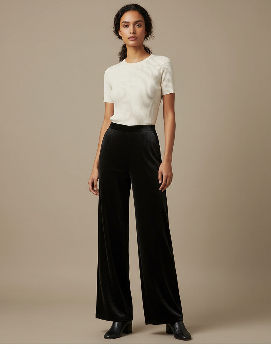 Pantalon Velours Noir Large Fluide Élégant Femme