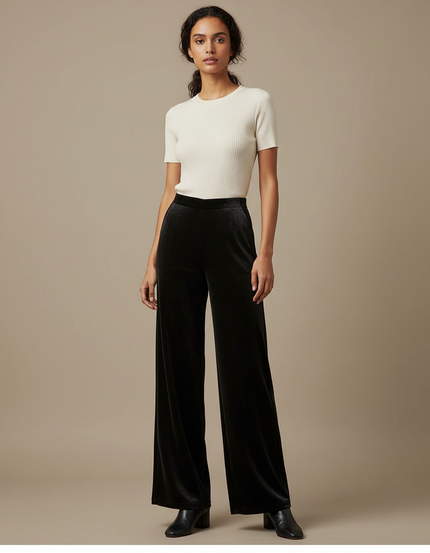 Pantalon Velours Noir Large Fluide Élégant Femme