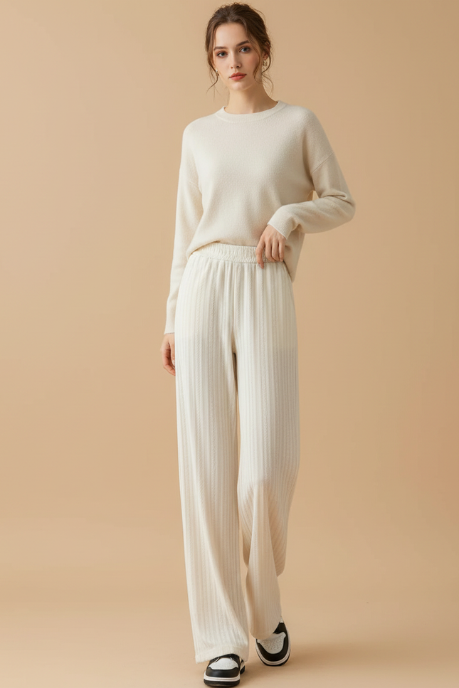 Pantalon Velours Blanc Cassé Côtelé Ample Décontracté - Maille