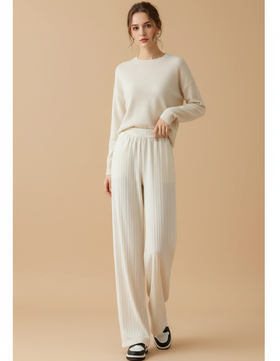 Pantalon Velours Blanc Cassé Côtelé Ample Décontracté - Maille