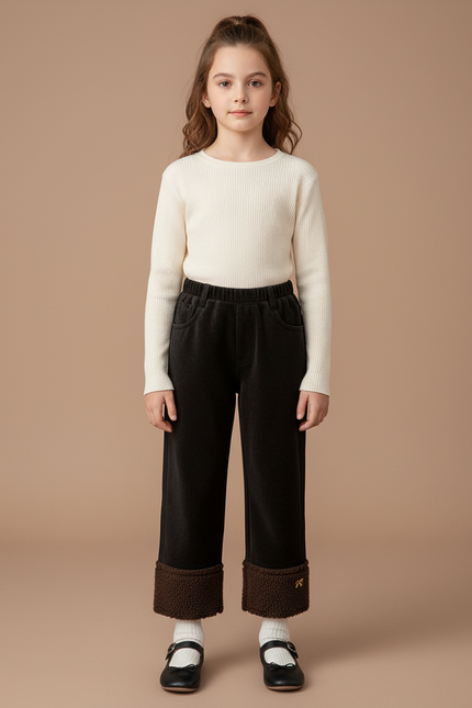 Pantalon Velours Noir Doublé Chaud Élastiqué Fille
