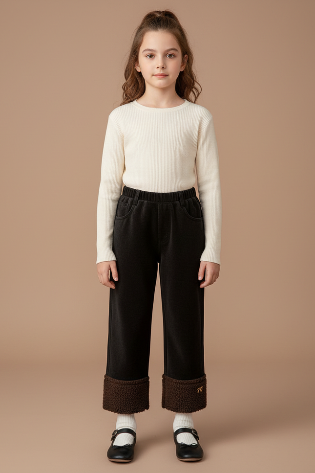 Pantalon Velours Noir Doublé Chaud Élastiqué Fille