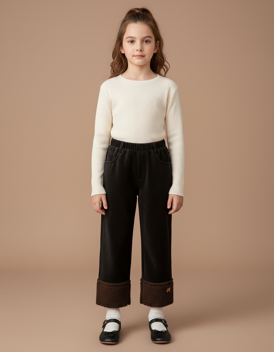 Pantalon Velours Noir Doublé Chaud Élastiqué Fille