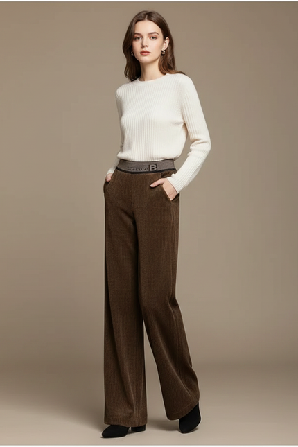 Pantalon Velours Marron Côtelé Large Taille Haute Femme