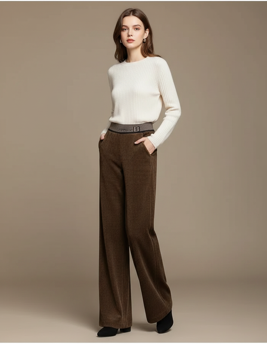 Pantalon Velours Marron Côtelé Large Taille Haute Femme