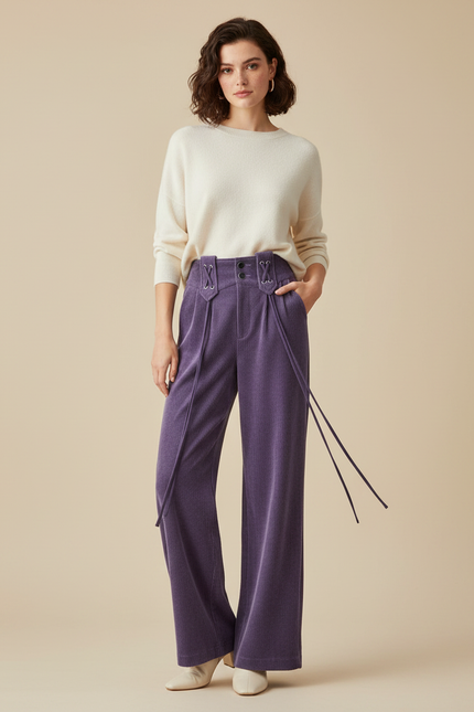 Pantalon Velours Violet Côtelé Large Décontracté Femme - Cordé