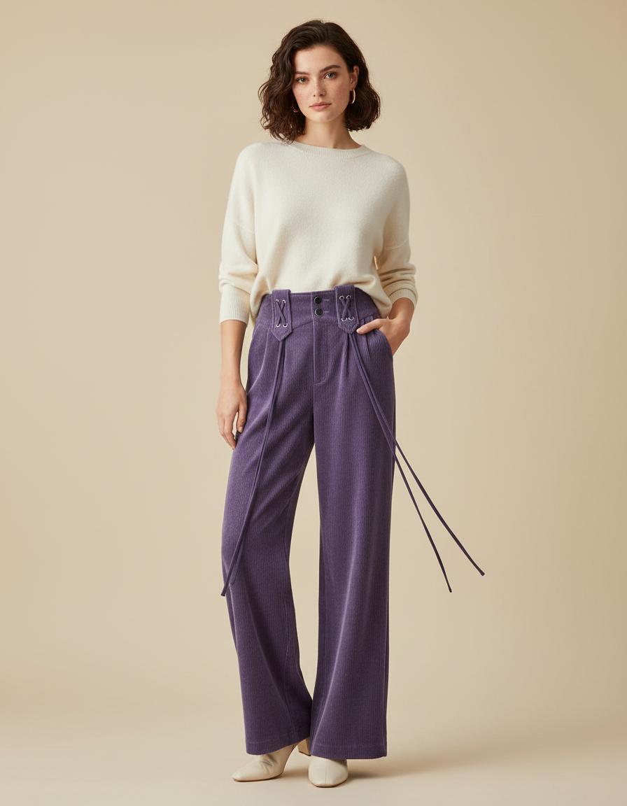 Pantalon Velours Violet Côtelé Large Décontracté Femme - Cordé