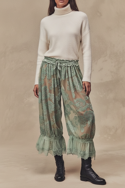 Pantalon Velours Vert Transparent Floral Dentelle Évasé - Polyester