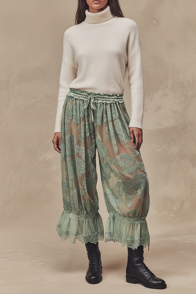 Pantalon Velours Vert Transparent Floral Dentelle Évasé - Polyester
