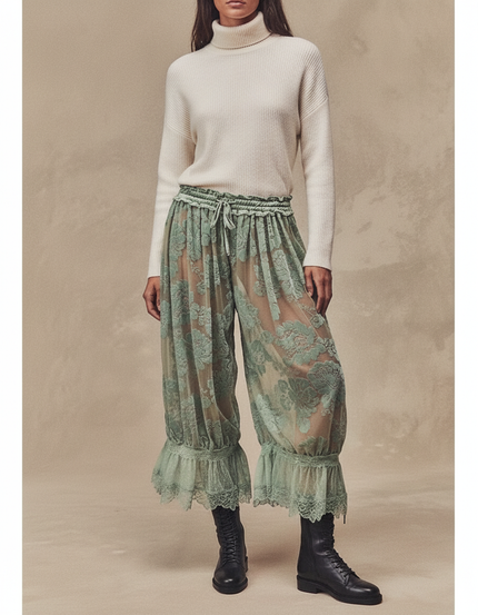 Pantalon Velours Vert Transparent Floral Dentelle Évasé - Polyester